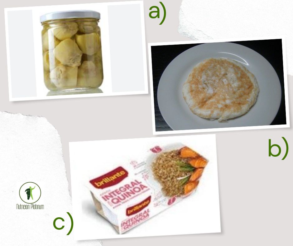 Alcachofas en conserva con tortilla de claras y quinoa integral.